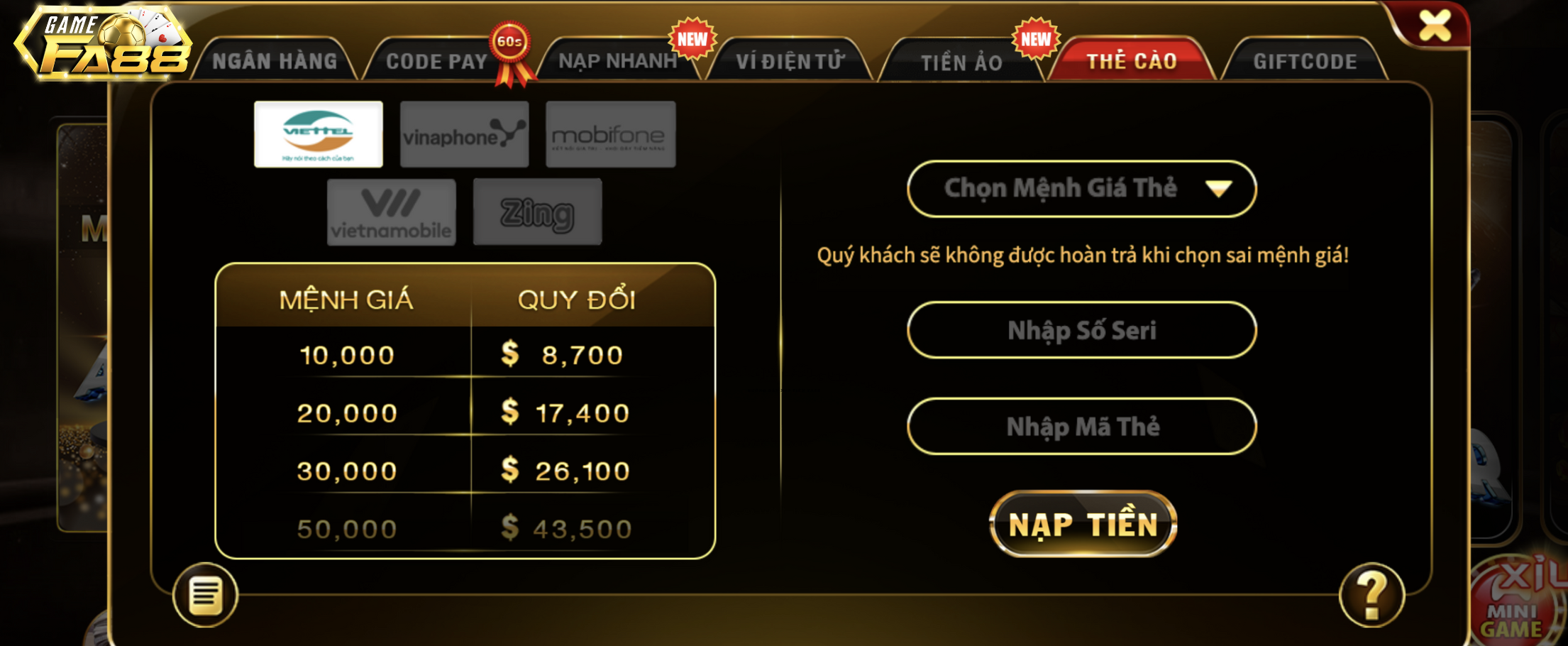 Các bước nạp tiền qua phương thức Thẻ cào